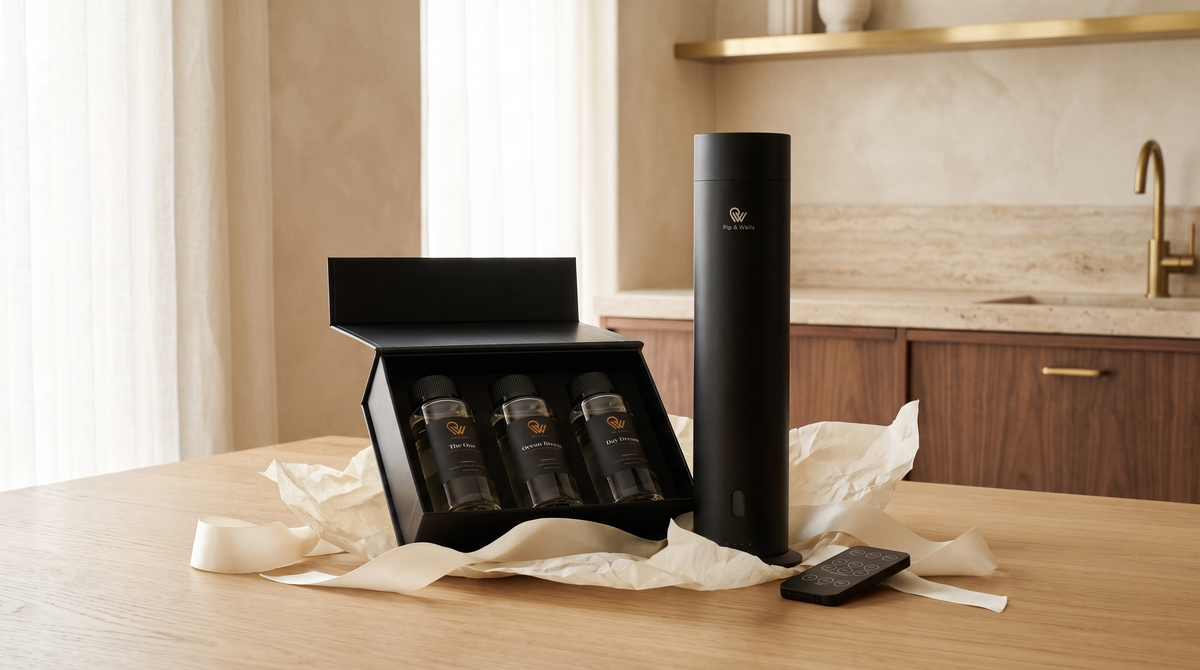 Pip & Wells gift set with matte black Pure One diffuser and three hotel fragrance oils, unwrapped on an oak table
