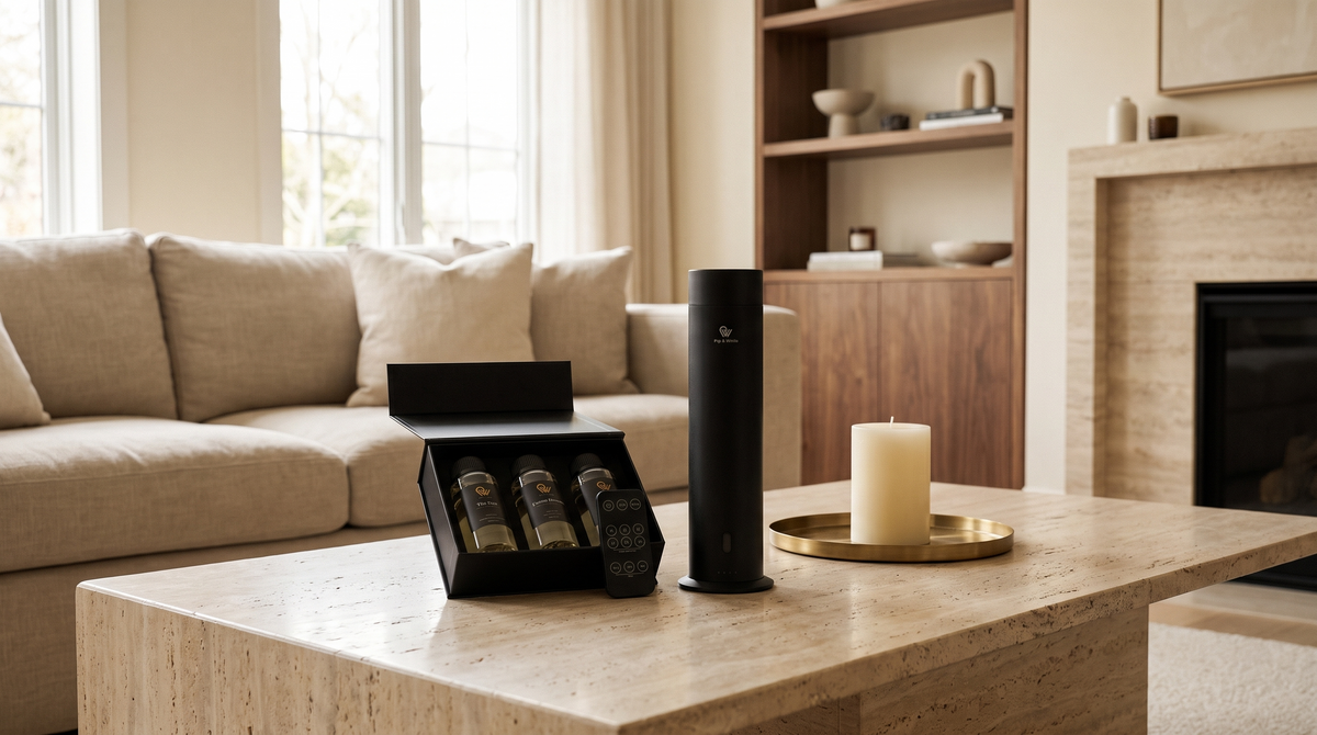Matte black Pure One diffuser beside an ivory pillar candle on a travertine coffee table