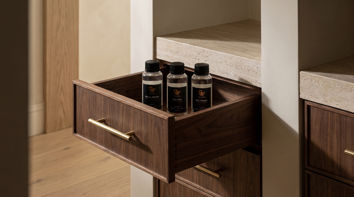 Three Pip & Wells fragrance oils stored upright in a walnut drawer away from sunlight