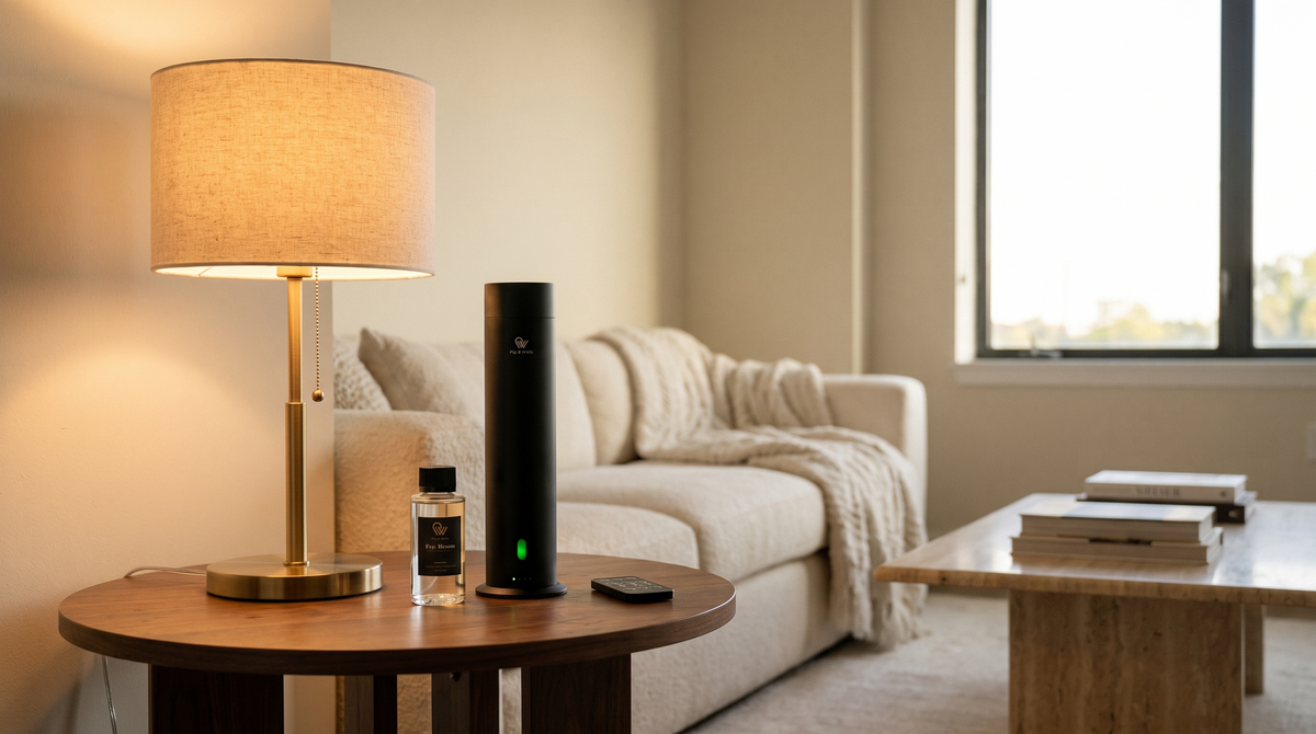 Matte black Pure One diffuser with fragrance oil and remote on a walnut side table in a calm evening living room