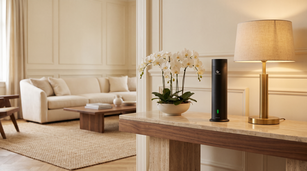 Matte black Pure One diffuser on a marble console with white orchids and a brass lamp in a hotel-style living room