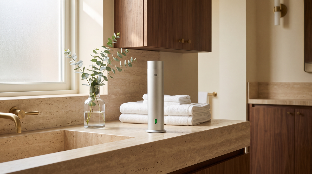Matte silver Pure One diffuser on a travertine bathroom vanity with folded towels and eucalyptus