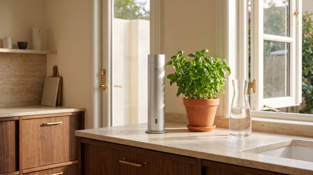 Matte silver Pure One diffuser beside fresh basil in an airy kitchen with an open window