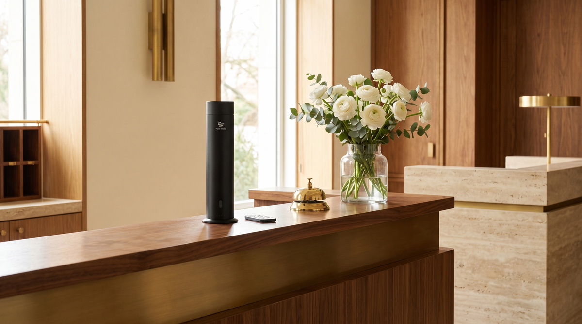 Matte black Pure One diffuser on a walnut and brass reception desk in a boutique hotel lobby