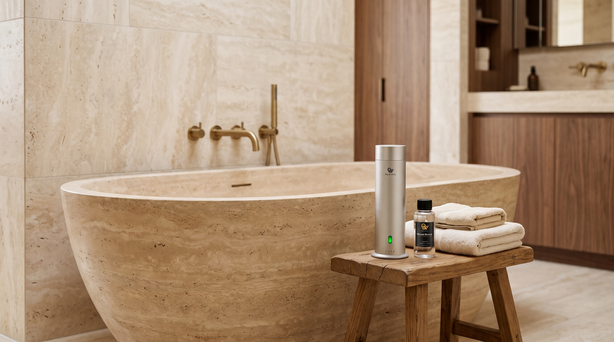 Matte silver Pure One diffuser and Ocean Breeze fragrance oil on an oak stool beside a travertine bathtub