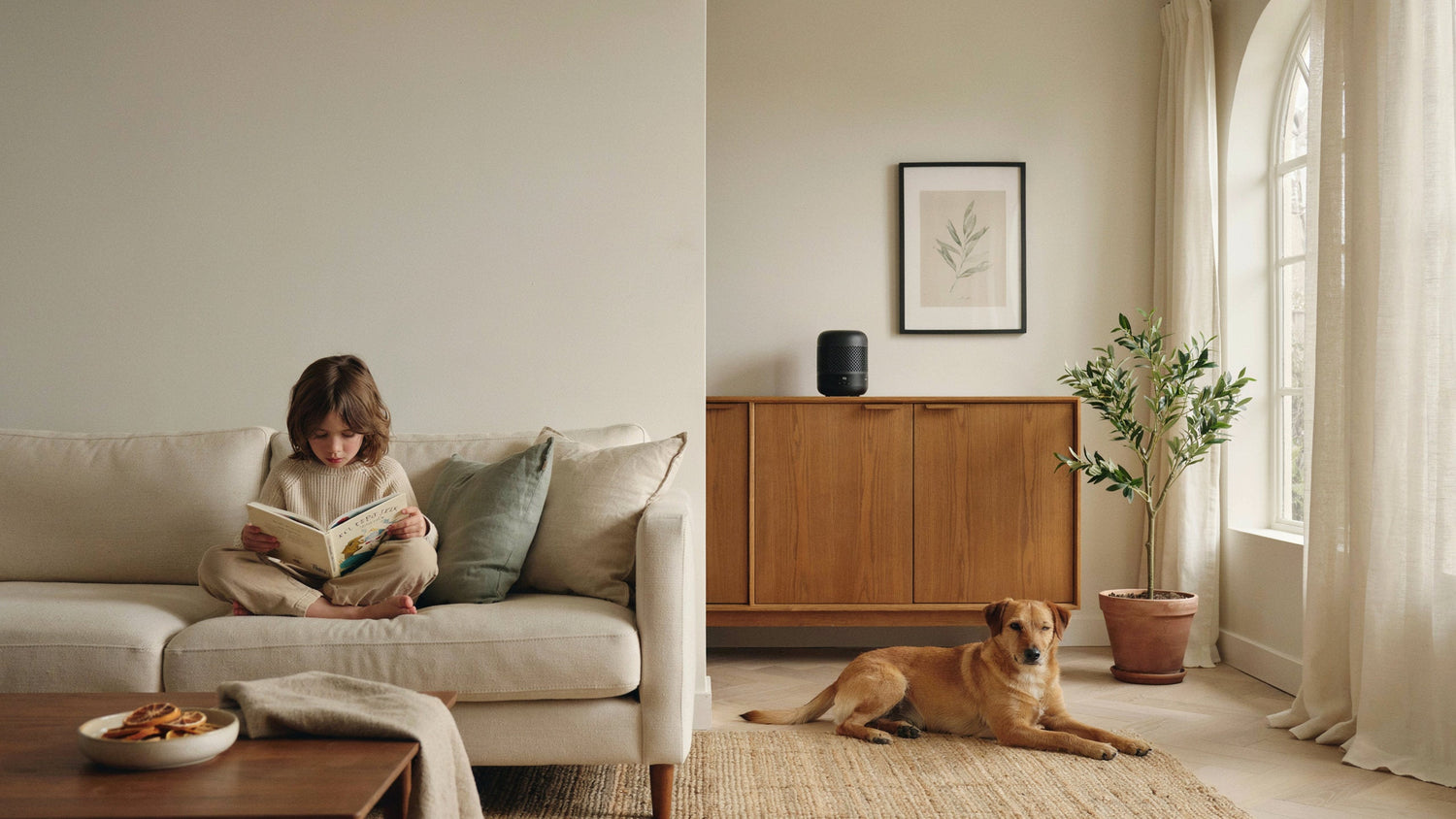 Child and dog in a calm living room with a waterless scent diffuser positioned safely on a high sideboard.