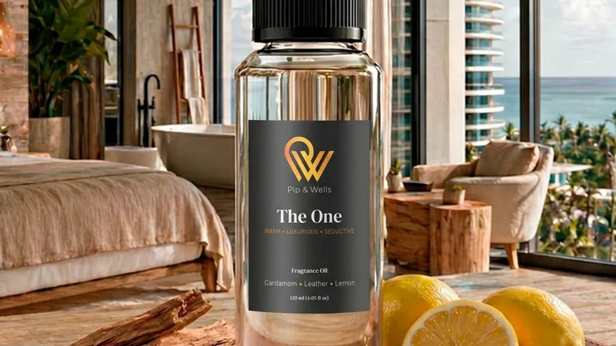 Fragrance oil with bright citrus details in a light interior