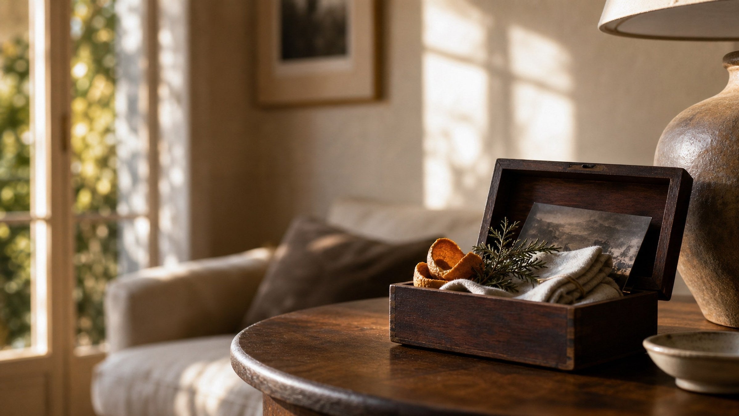 Open wooden keepsake box beside dried orange peel in soft afternoon light