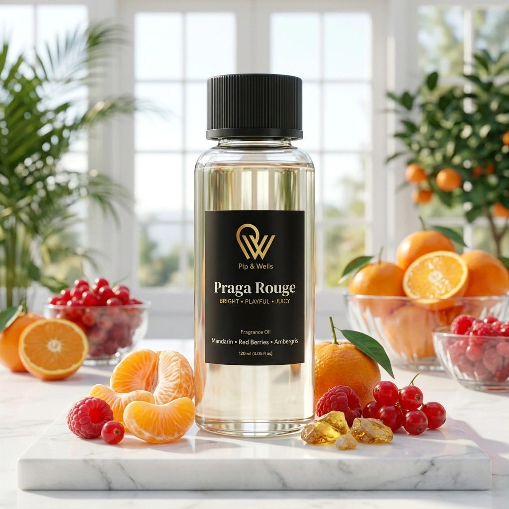 Fragrance oil bottle labeled 'Praga Rouge' surrounded by fruits on a marble surface.