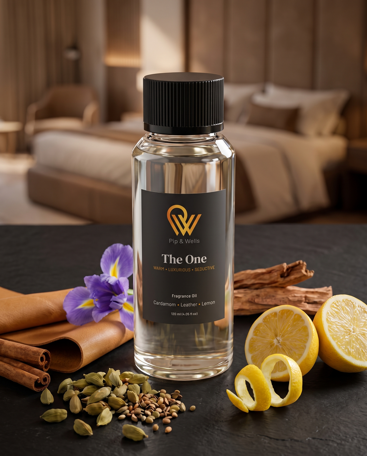Pip & Wells The One fragrance oil 120 ml bottle from the Hotel Fragrances set with its scent notes: cardamom, lemon, leather and cedarwood