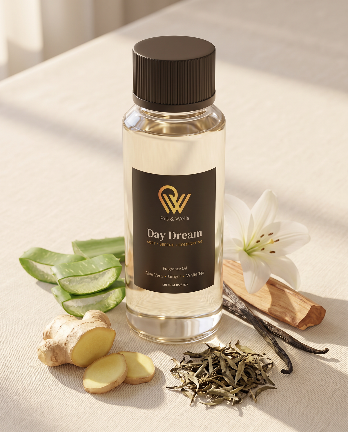 Pip & Wells Day Dream fragrance oil 120 ml bottle from the Hotel Fragrances set with its scent notes: aloe vera, ginger and white tea