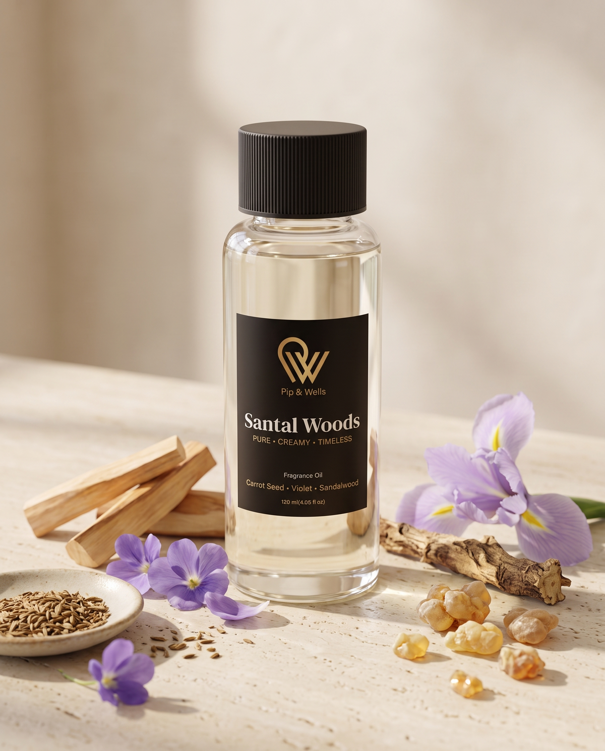 Pip & Wells Santal Woods fragrance oil 120 ml bottle with its scent notes: sandalwood, carrot seed, violet, iris and benzoin resin