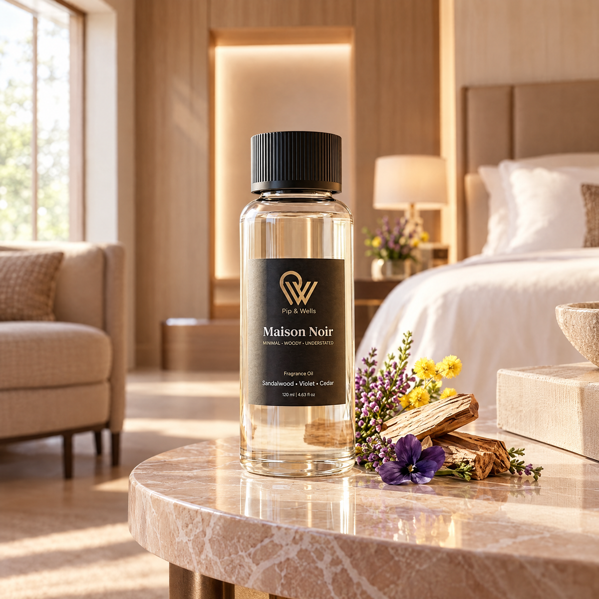 Pip & Wells Maison Noir fragrance oil 120 ml on a side table in a softly lit hotel suite