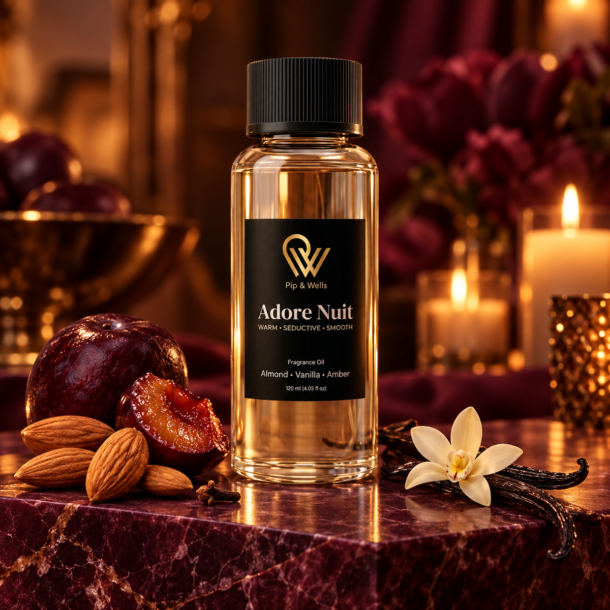 Pip & Wells Adore Nuit fragrance oil 120 ml bottle in a warm candlelit interior with plum, almonds, clove and vanilla
