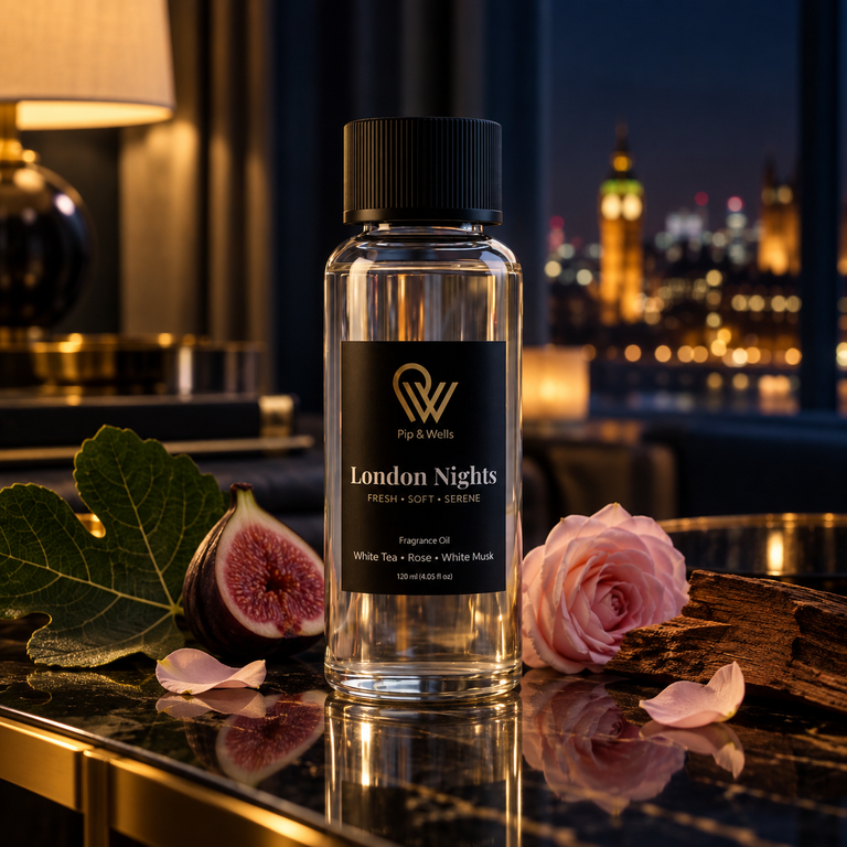 Pip & Wells London Nights fragrance oil 120 ml bottle in a hotel room at night with fig, rose and cedarwood