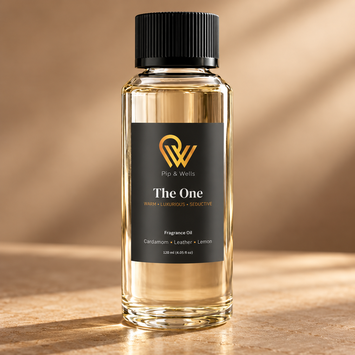 Front view of a Pip & Wells The One 120 ml fragrance oil bottle against a warm beige background