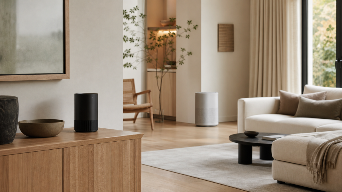 Warm living room with a black waterless scent diffuser and a white air purifier positioned apart
