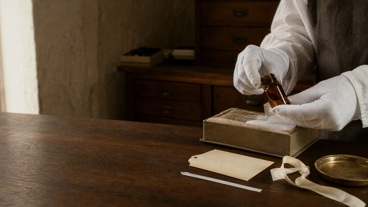 White-gloved conservator examining an amber scent vial at an archive table