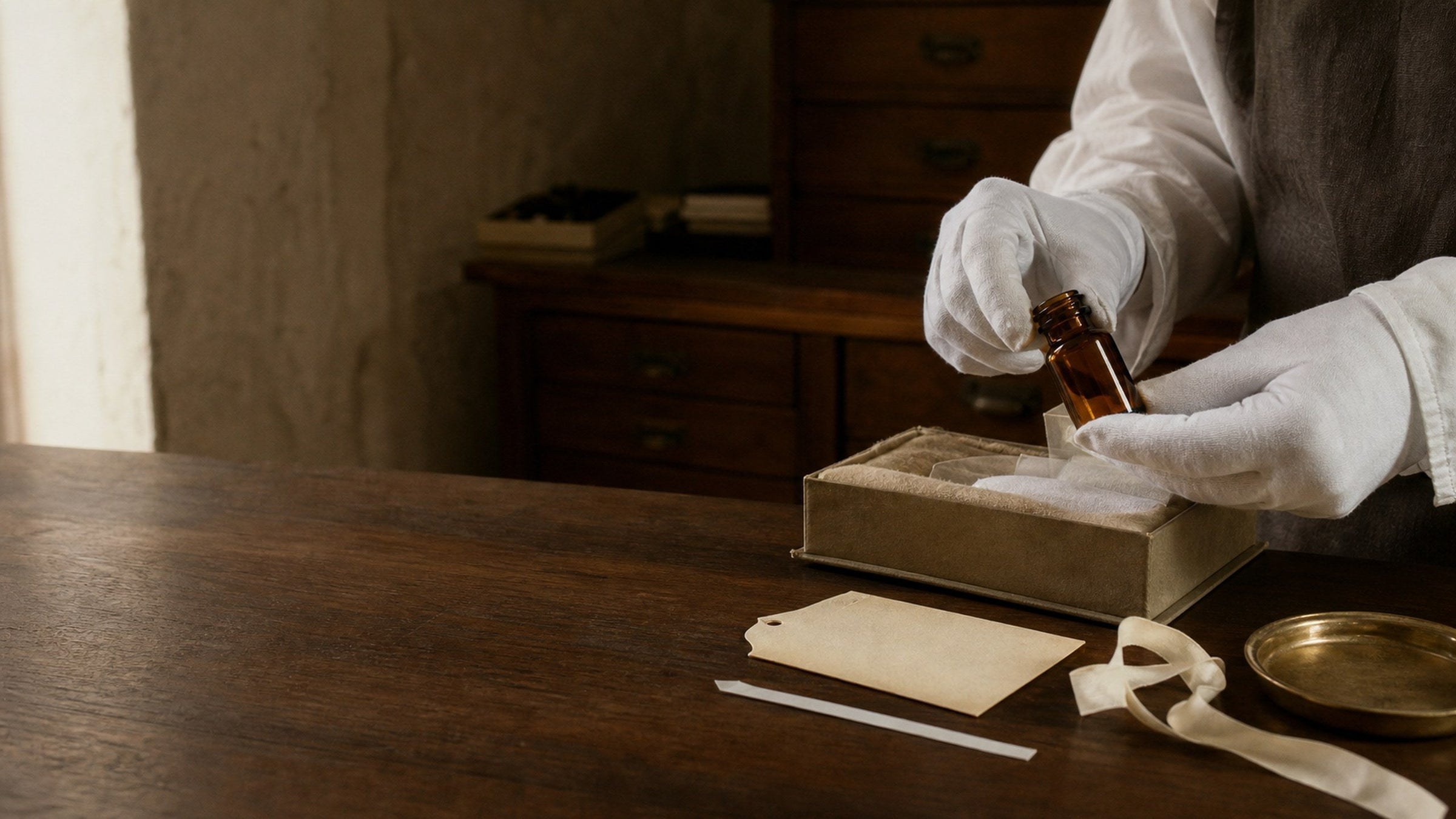 White-gloved conservator examining an amber scent vial at an archive table
