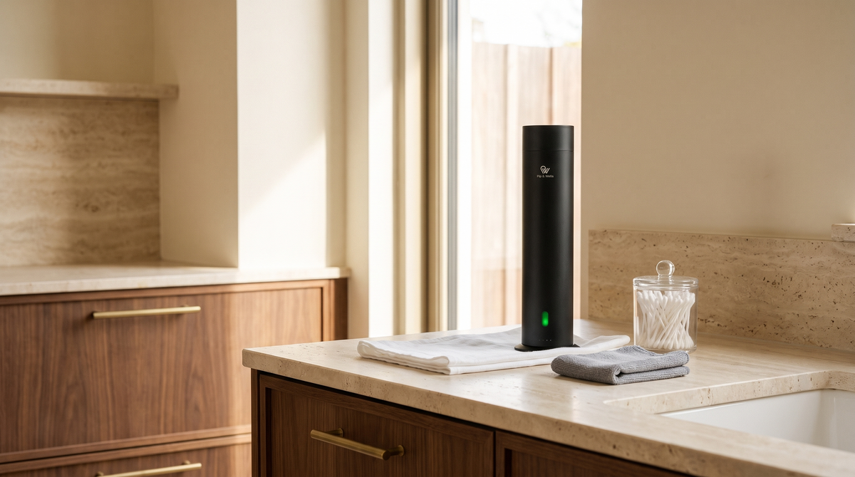 Matte black Pure One diffuser on a stone counter with a microfibre cloth and cotton buds for routine cleaning