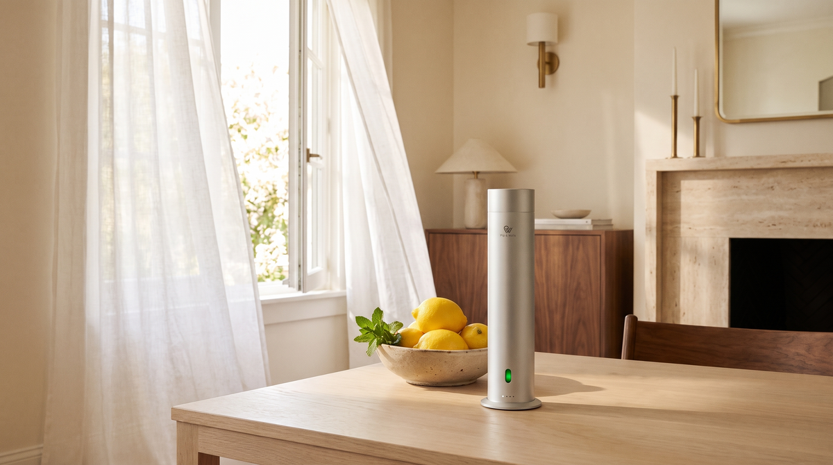Matte silver Pure One diffuser beside a bowl of lemons in a sunny summer living room with linen curtains