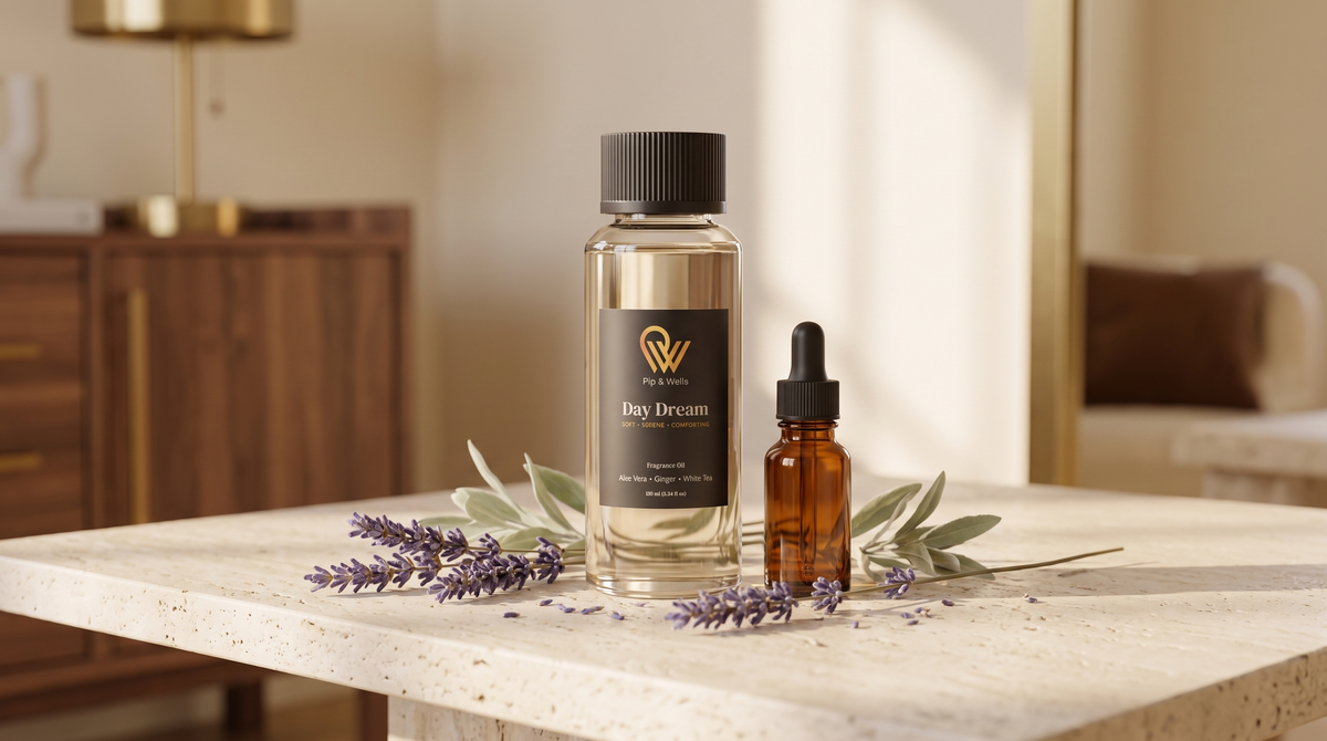 Day Dream diffuser oil next to an amber essential oil dropper bottle with dried lavender