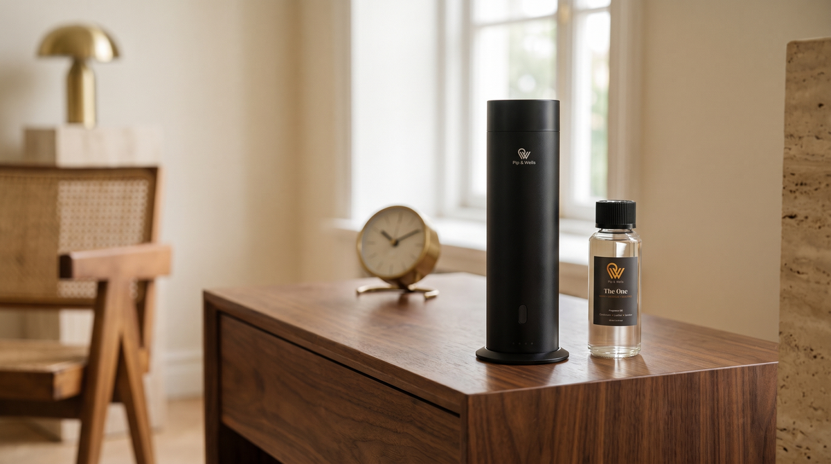 Matte black Pure One diffuser beside The One fragrance oil and a brass desk clock on a walnut side table