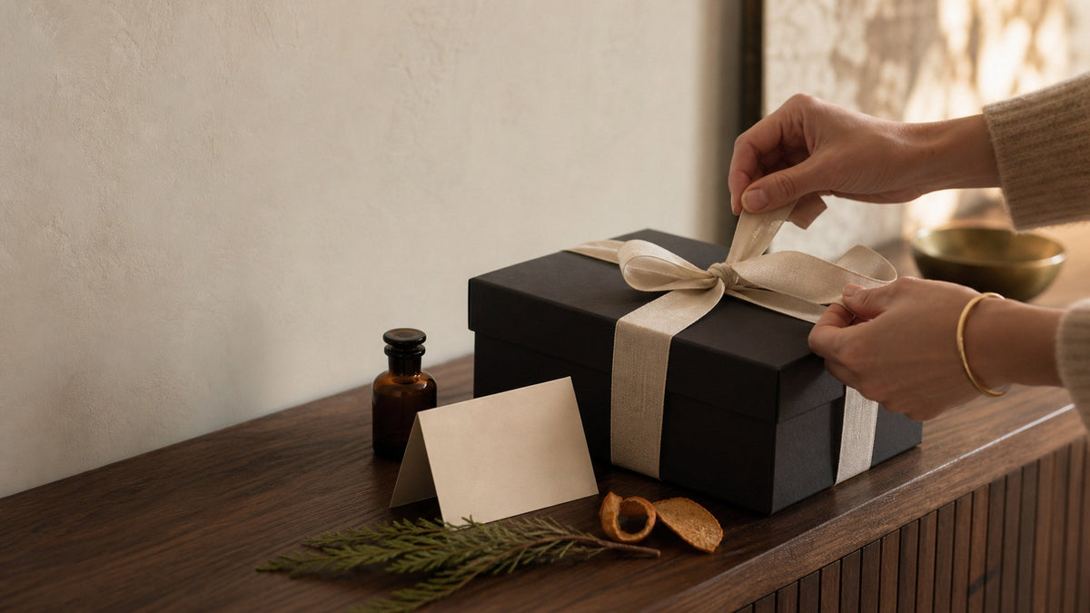 Hands tying an ivory ribbon around a black home fragrance gift box