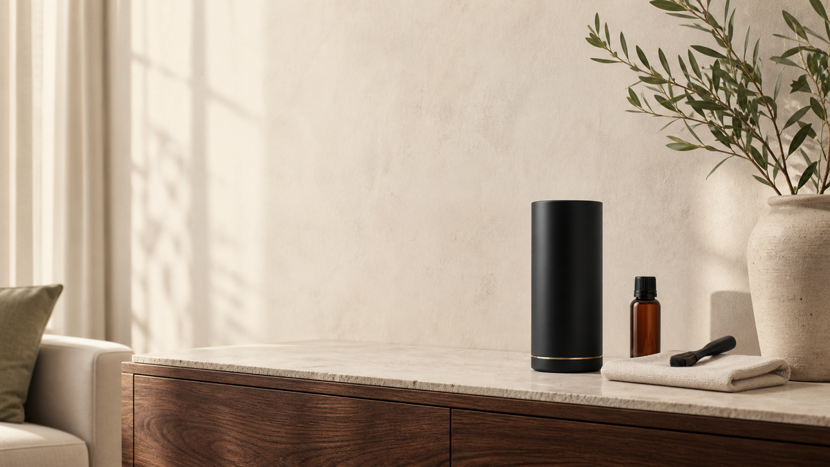 Un diffuseur de parfum noir mat avec un flacon ambré et de simples outils d'entretien sur une console d'intérieur chaleureuse