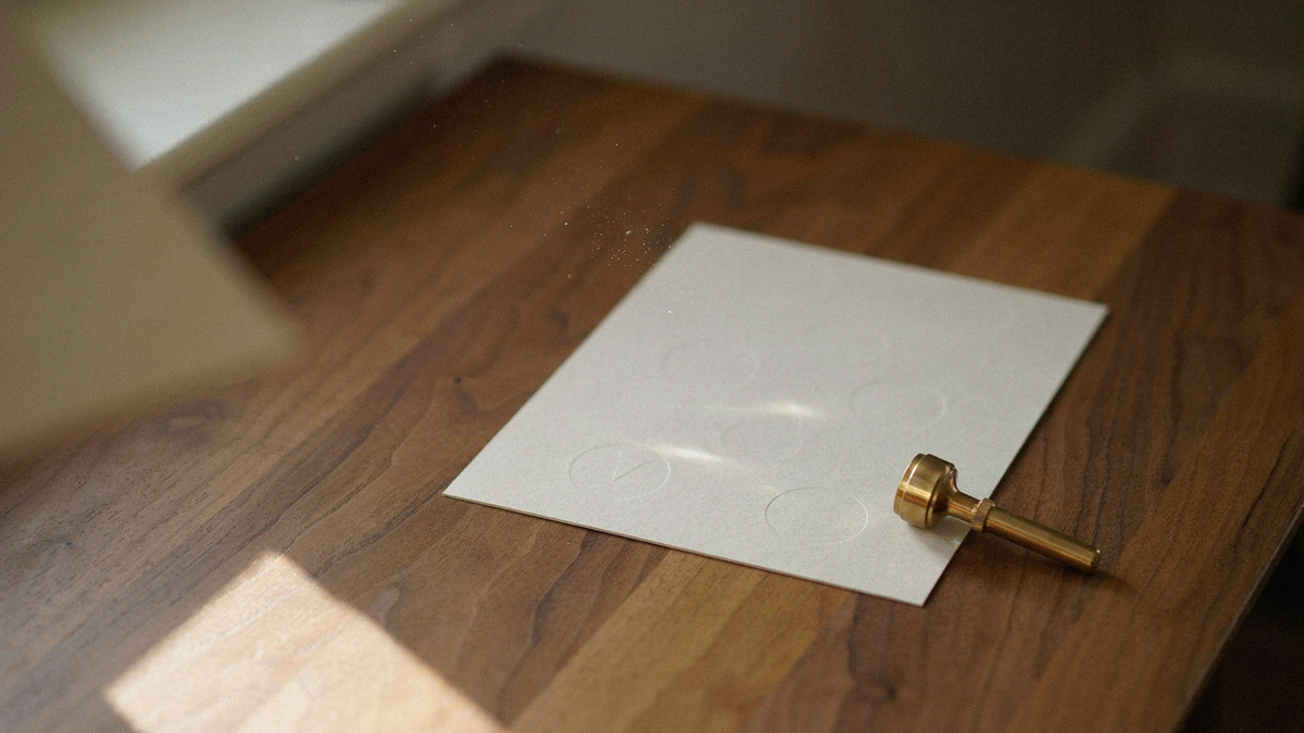 Warm-ivory card with subtle circular coating marks beside a brass loupe on walnut