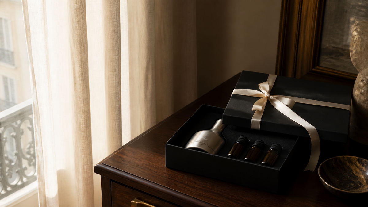 An elegant home-fragrance gift set with a silver diffuser and amber fragrance bottles