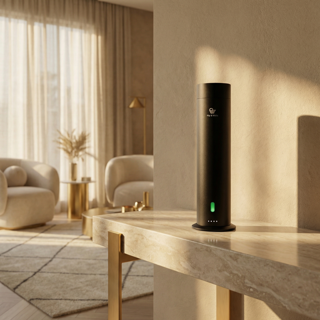 Matte black Pure One waterless diffuser on a stone console in a warm interior