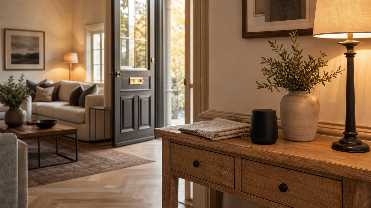 Pip & Wells Pure One diffuser in a warm, welcoming entrance and living room.
