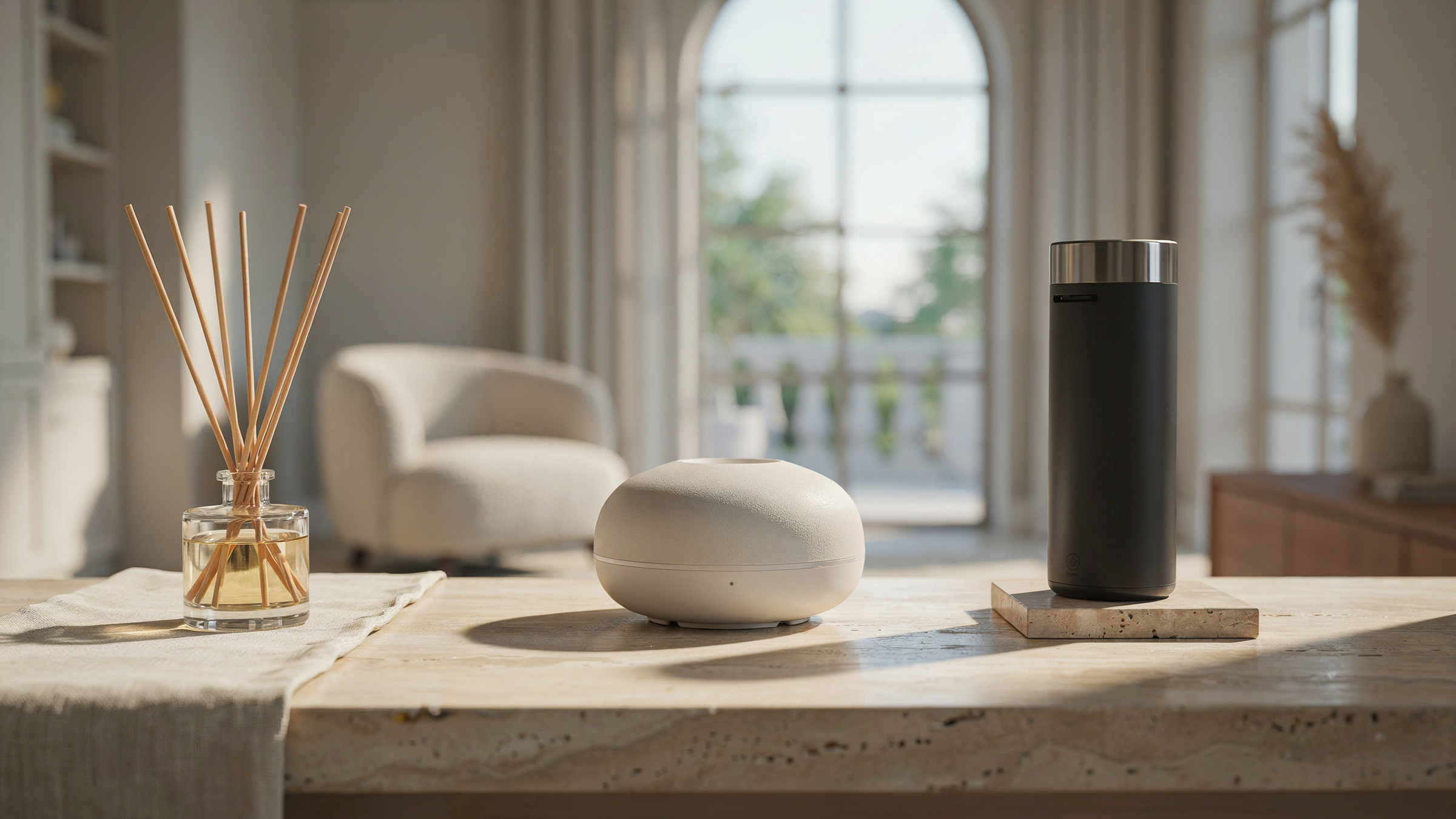 Three scent diffuser formats in a refined living room