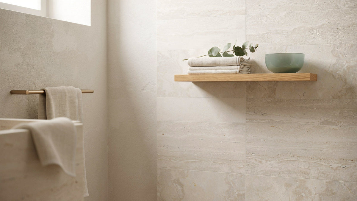 Calm travertine bathroom with folded linen towels, eucalyptus and a muted green glass bowl
