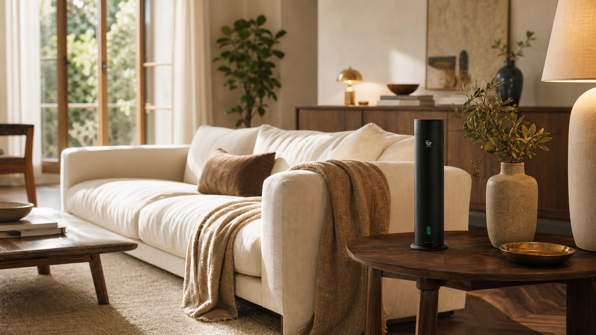 Warm living room with layered light, natural textures and a black Pure One diffuser on a wooden side table