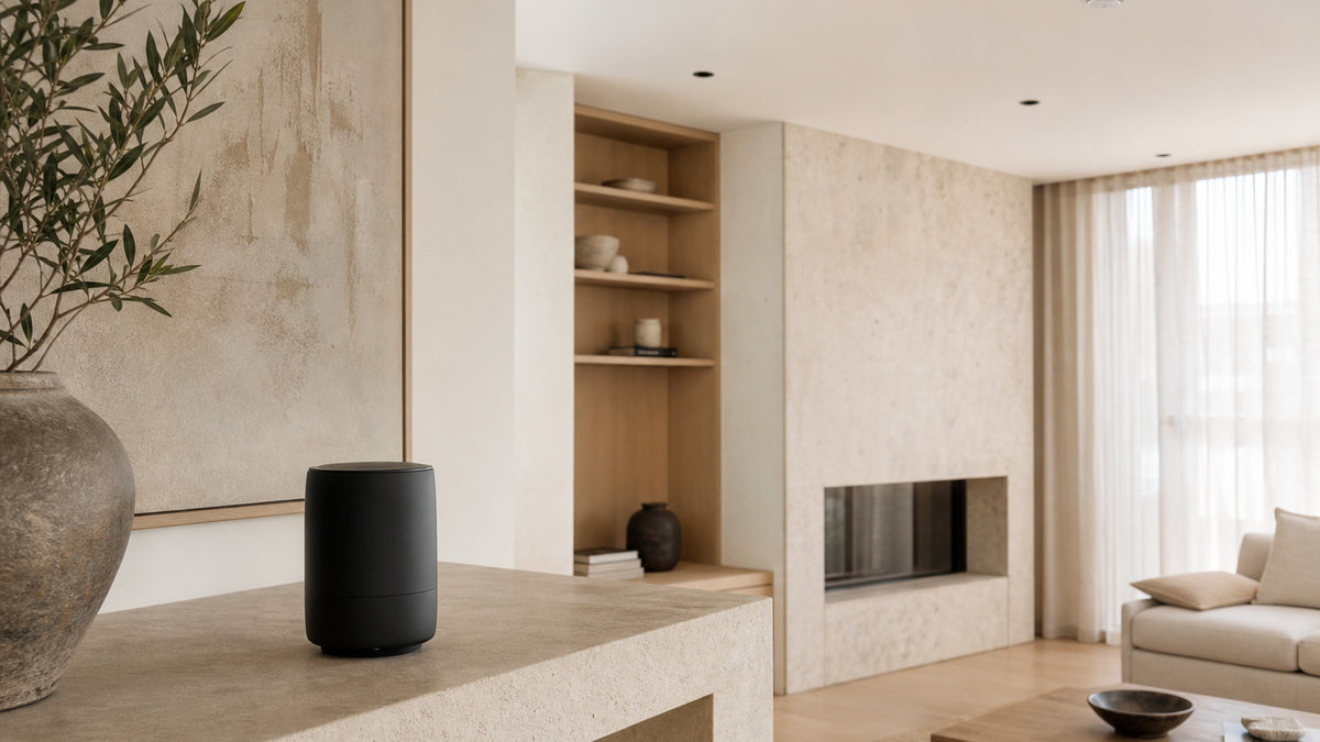 Waterless diffuser in a room with a smoke alarm visible