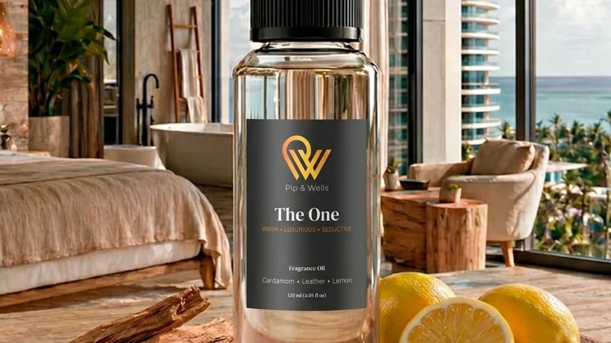 Fragrance oil with bright citrus details in a light interior