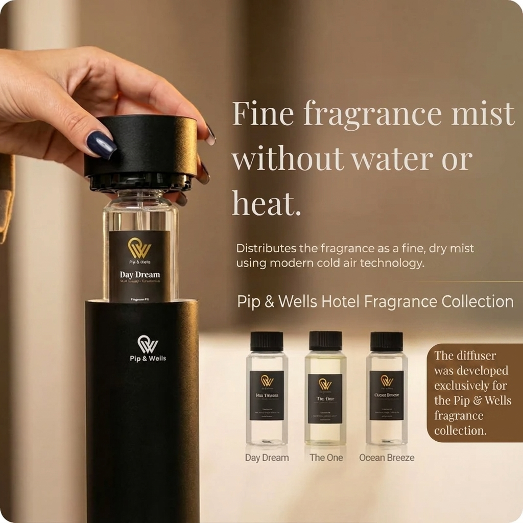 Pip & Wells Hotel Fragrance Collection with a diffuser and bottles on a beige background