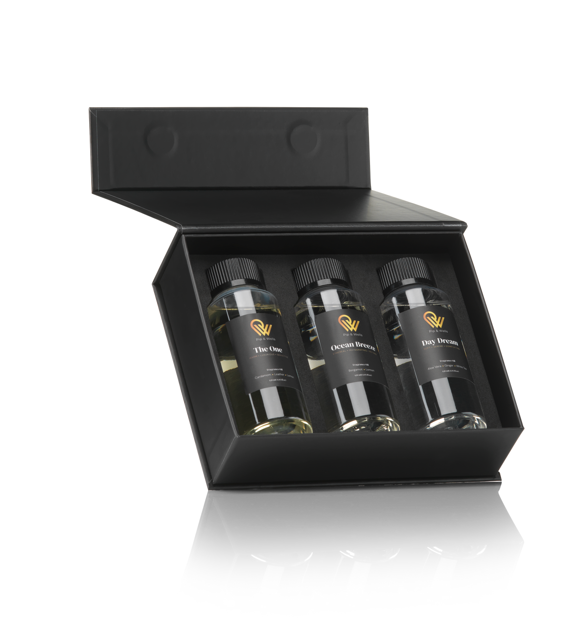 Three bottles of hotel fragrances in a black gift box on a white background