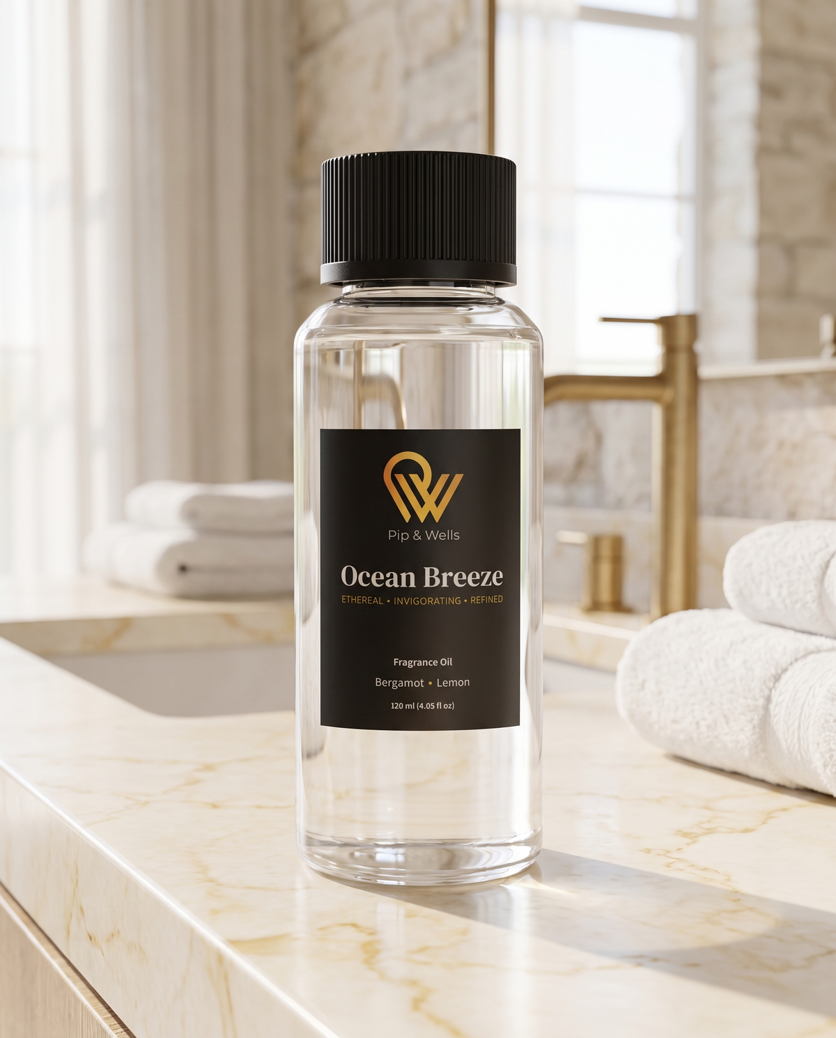 Pip & Wells Ocean Breeze fragrance oil 120 ml bottle on a marble vanity in a hotel-style bathroom
