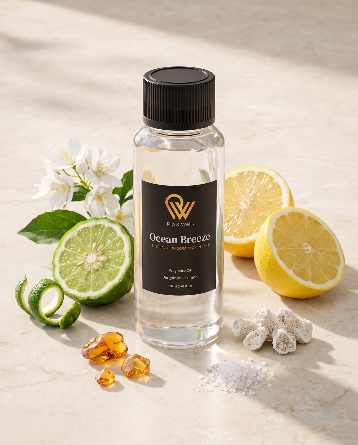 Pip & Wells Ocean Breeze fragrance oil 120 ml bottle from the Hotel Fragrances set with its scent notes: bergamot and lemon
