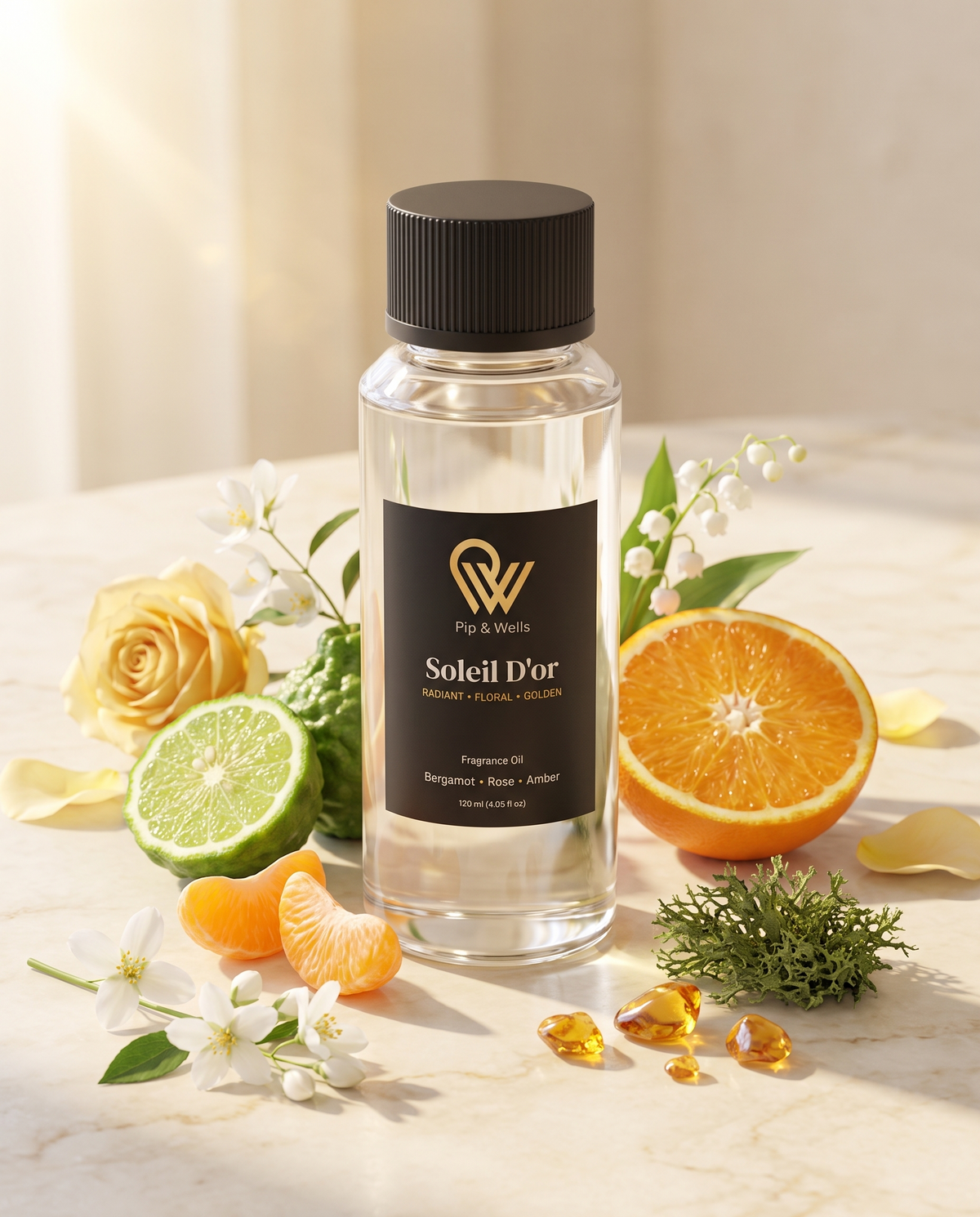 Pip & Wells Soleil D'or fragrance oil 120 ml bottle with its scent notes: bergamot, mandarin, orange, rose, jasmine, lily of the valley, oakmoss and amber
