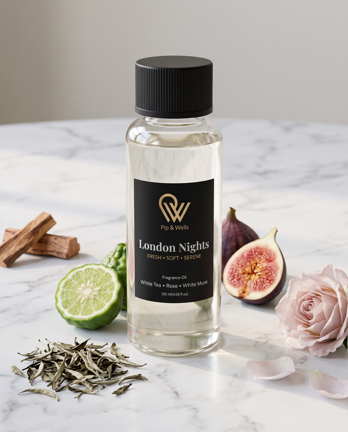 Pip & Wells London Nights fragrance oil 120 ml bottle with its scent notes: white tea, bergamot, fig, rose and cedarwood