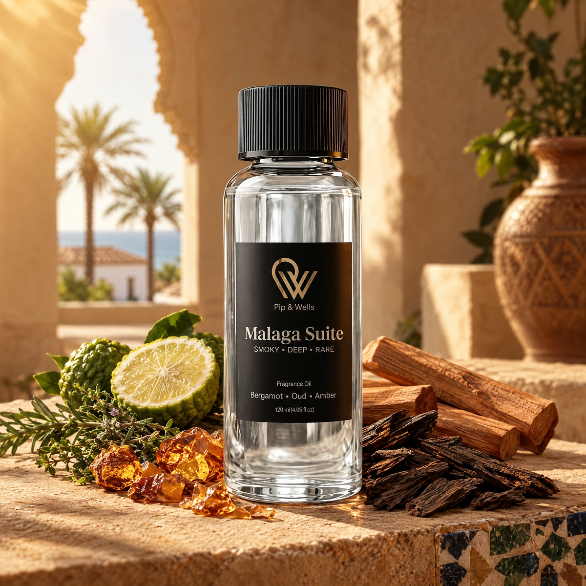 Pip & Wells Malaga Suite fragrance oil 120 ml with its scent ingredients: oud wood, amber resin, bergamot, sandalwood and aromatic herbs