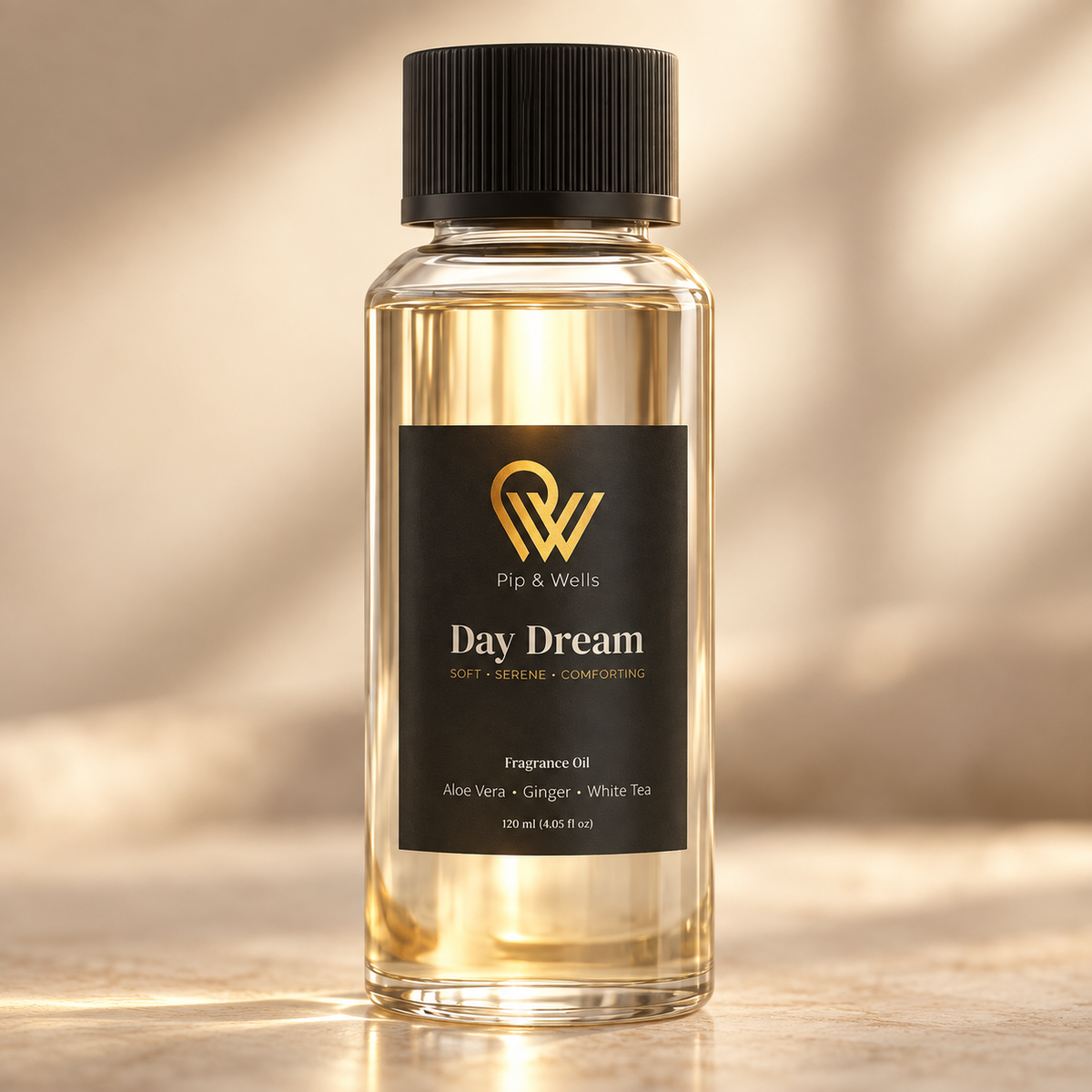 Front view of a Pip & Wells Day Dream 120 ml fragrance oil bottle against a warm beige background