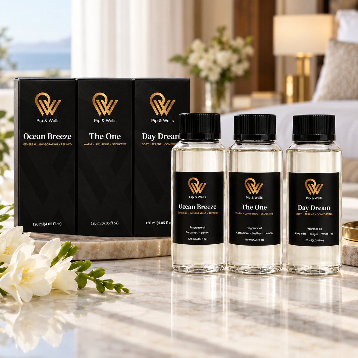Pip & Wells Hotel Fragrances, fragrance oil set, three fragrance bottles together