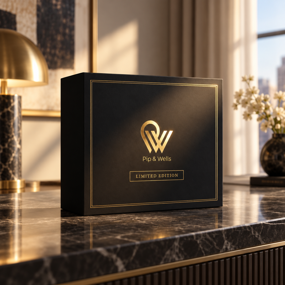 Black Pip & Wells Limited Edition gift box on a marble console in a hotel-style room
