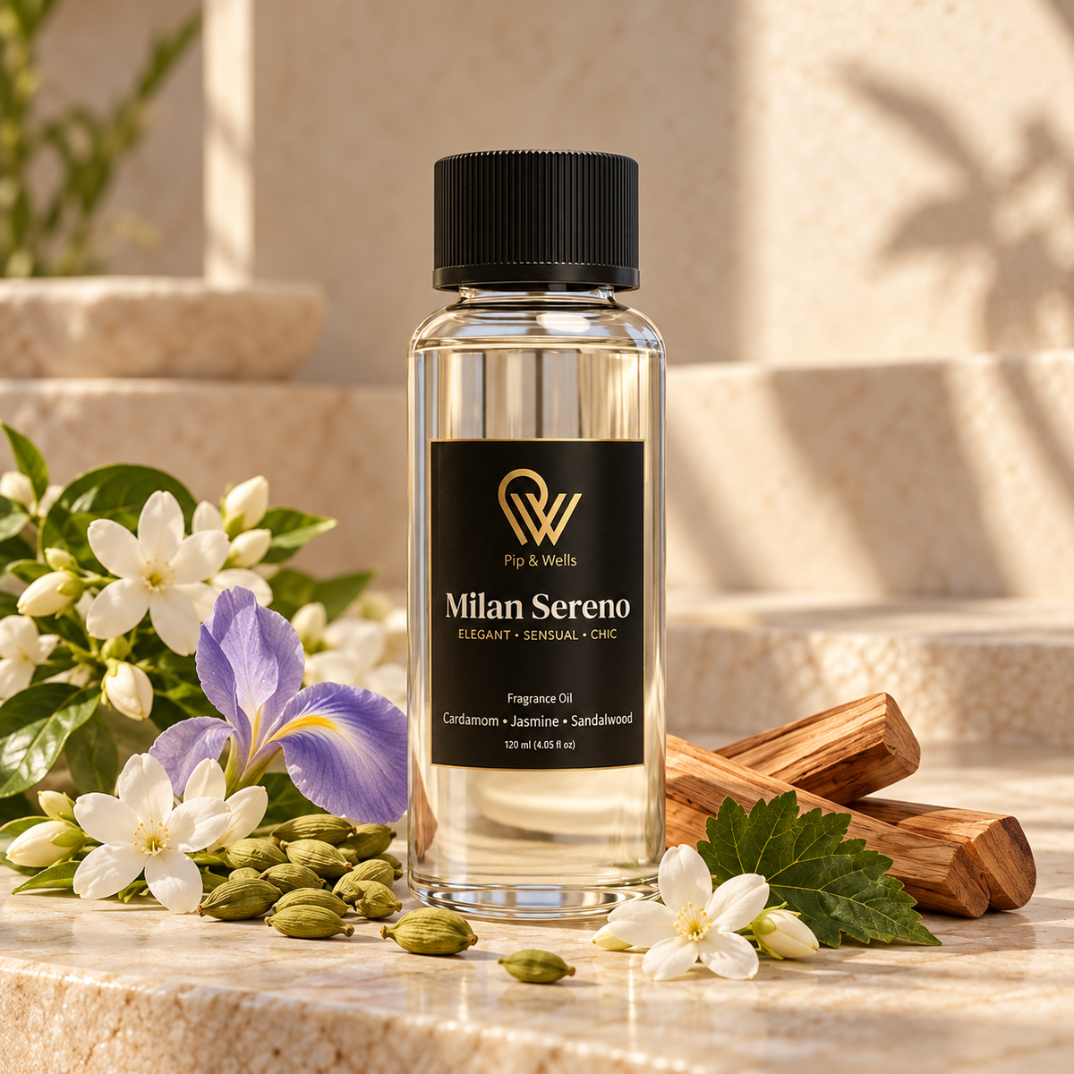 Pip & Wells Milan Sereno fragrance oil 120 ml bottle with its scent notes: cardamom, jasmine, iris and sandalwood