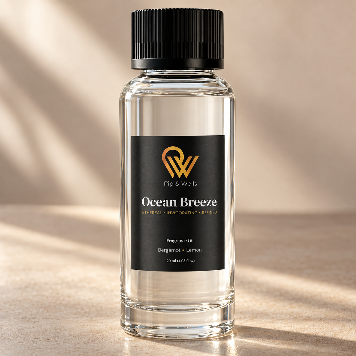 Close-up of the label on a 120 ml Pip & Wells Ocean Breeze fragrance oil bottle